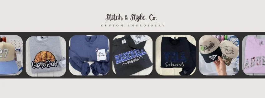 Stitch and Style Co. banner with a strip of custom embroidered pieces
