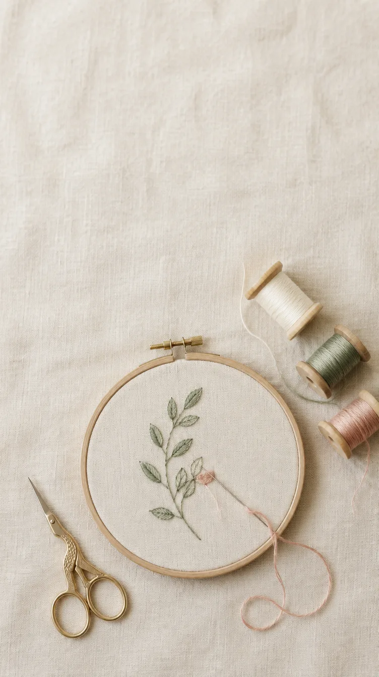 Embroidery hoop, thread spools and scissors on linen
